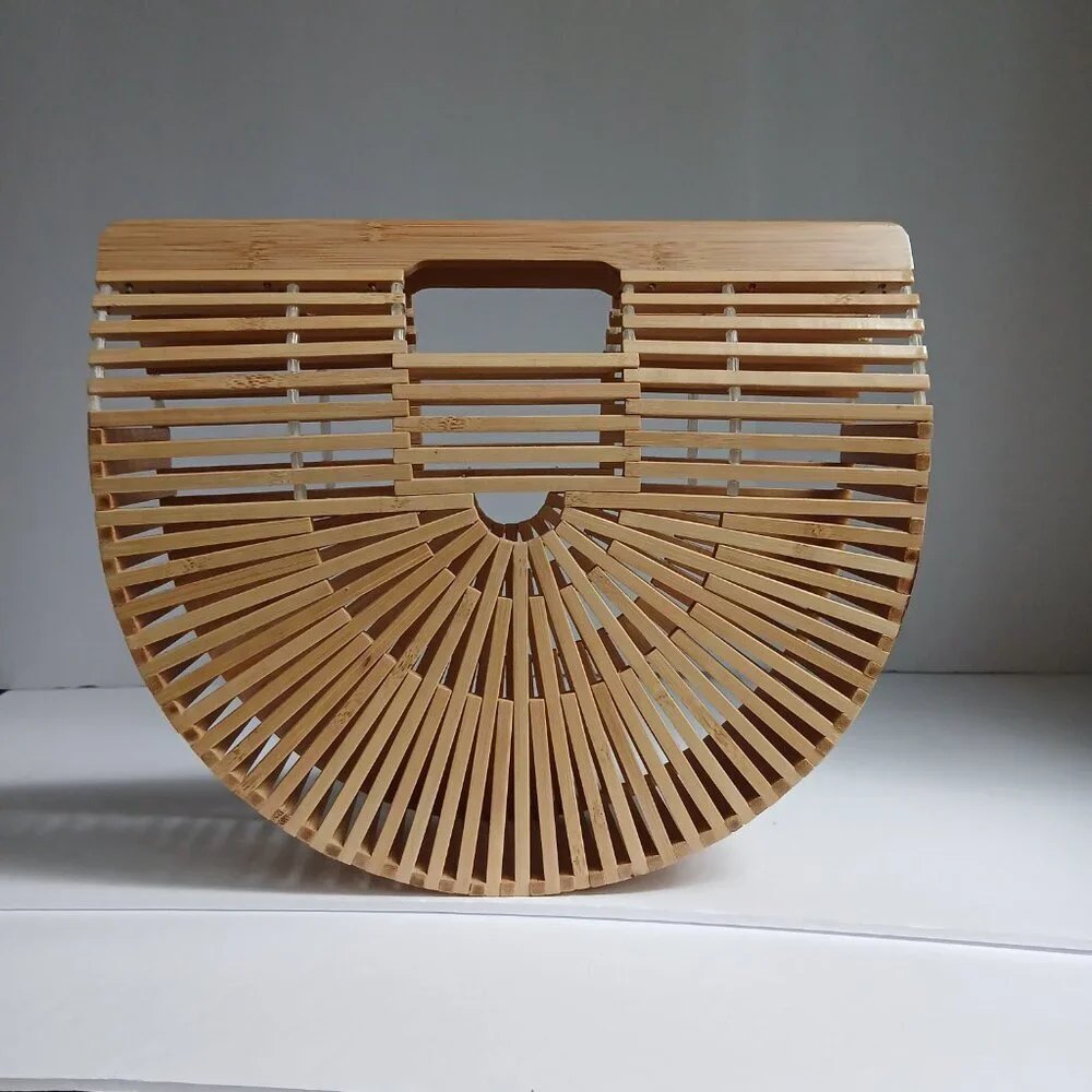 Woven Rattan Tan Bamboo Semi Circle Arc Satchel Bag